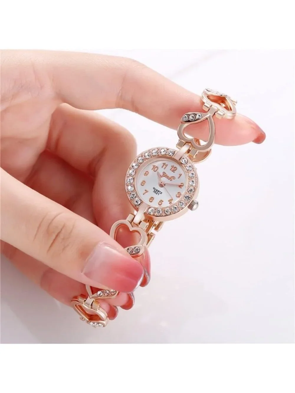 Women's Rose Gold Quartz Heart Shaped Band Alloy Diamond Encrusted Wrist Watch